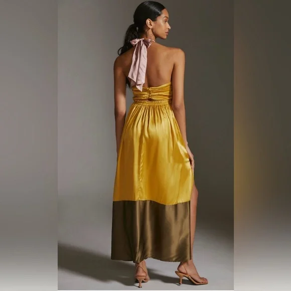 🎸ANTHROPOLOGIE🎸🔥NWT🔥Silk Colorblocked Maxi Dress in Gold— Size 4